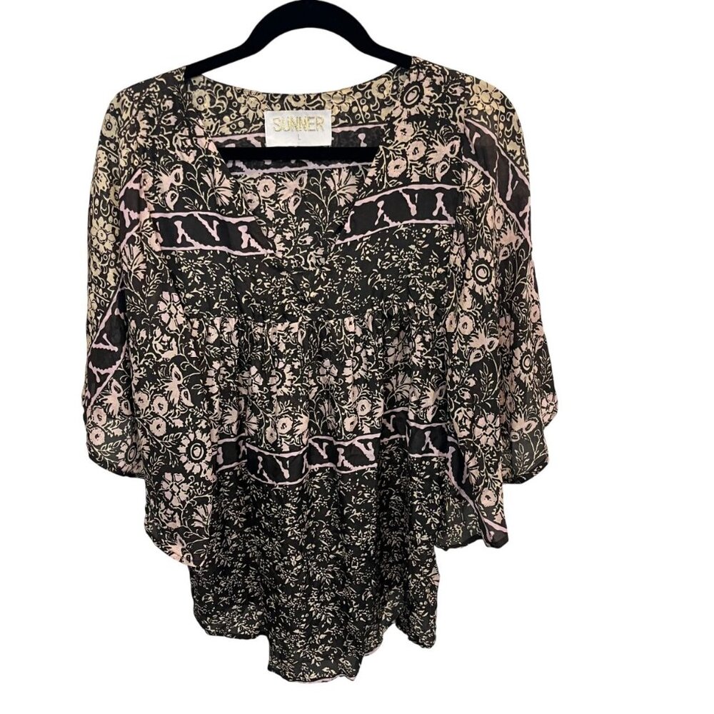 Sunner Brown Silk Kimono Sleeve Blouse Boho Indie - Size Large